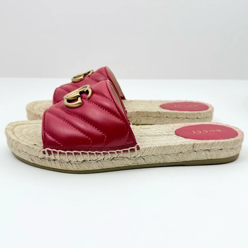 Gucci Charlotte Matelesse Espadrille Marmont Slide Sandal Hibiscus Red Leather 8